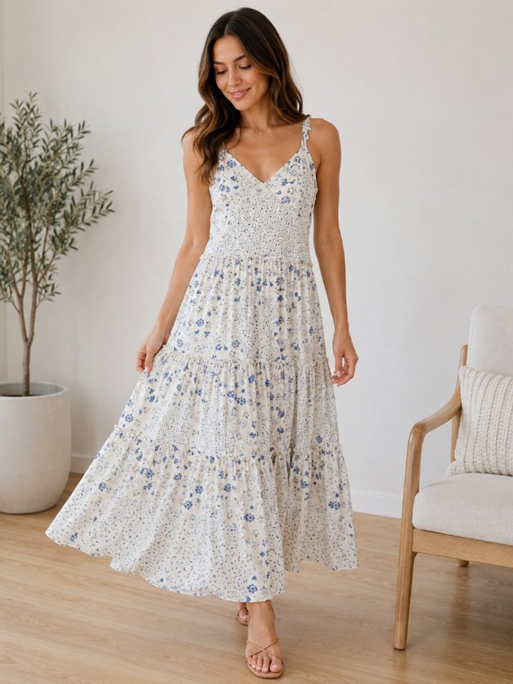 Tiered Floral Maxi Dress in Cream and Blue — Sleeveless V-Neck